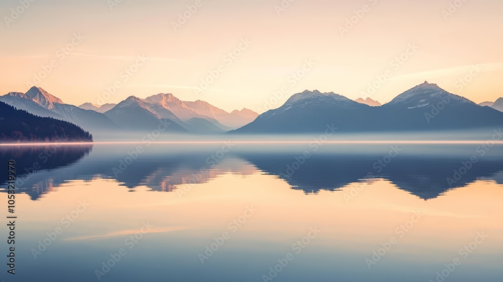 A tranquil scene of majestic mountains reflecting in a still lake at dawn, with soft pastel hues painting the sky and mist clinging to the peaks. A tranquil scene of majestic mountains reflecting in a still lake at dawn, with soft pastel hues painting the sky and mist clinging to the peaks.