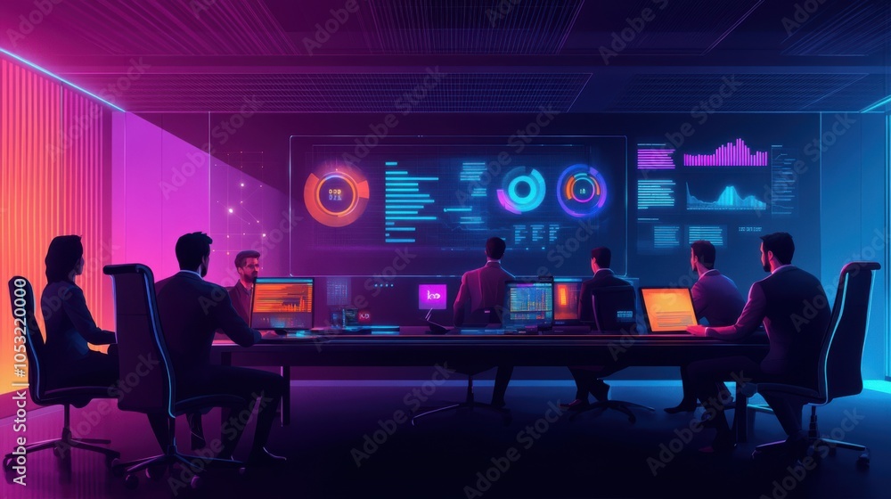 A team of business analysts in a high-tech meeting room, collaborating on data-driven A team of business analysts in a high-tech meeting room, collaborating on data-driven