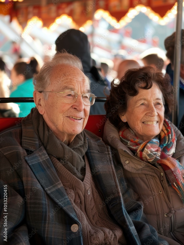 An elderly couple sitting together, smiling. AI.