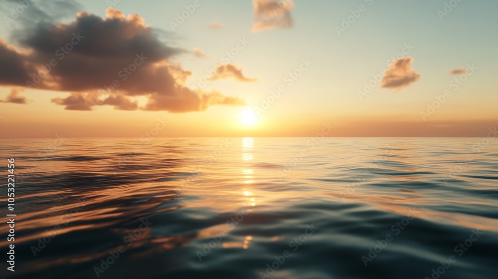 Obraz premium Golden Hour at Sea: A breathtaking sunset paints the horizon with hues of gold and orange, casting a mesmerizing glow on the tranquil ocean waves. The clouds dance across the sky.