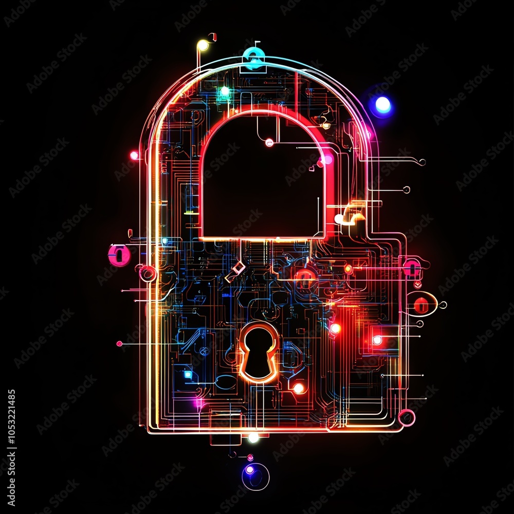 Fototapeta premium Glowing lock, neon light effect, social security infographic, network connections, digital design