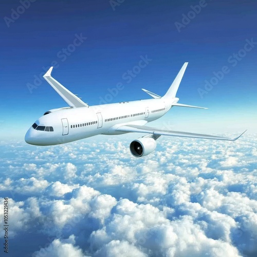 commercial airliner soaring in a clear blue sky with fluffy white clouds showcases the beauty of air transportation while illustrating the excitement of vacation travel for eager passengers.