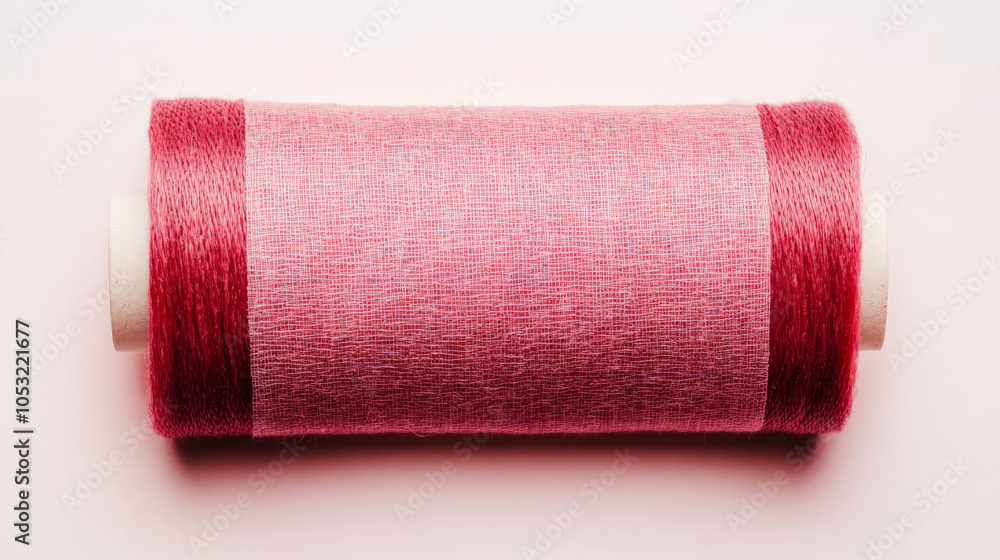 Pink Thread Spool: A close-up of a pink thread spool on a white background. The spool is a classic design, with a white plastic bobbin and red thread. The image has a clean, minimalist aesthetic. Pink Thread Spool: A close-up of a pink thread spool on a white background. The spool is a classic design, with a white plastic bobbin and red thread. The image has a clean, minimalist aesthetic.