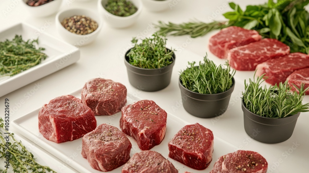 A visually stunning arrangement of premium beef cuts, including steaks and herb garnishes A visually stunning arrangement of premium beef cuts, including steaks and herb garnishes