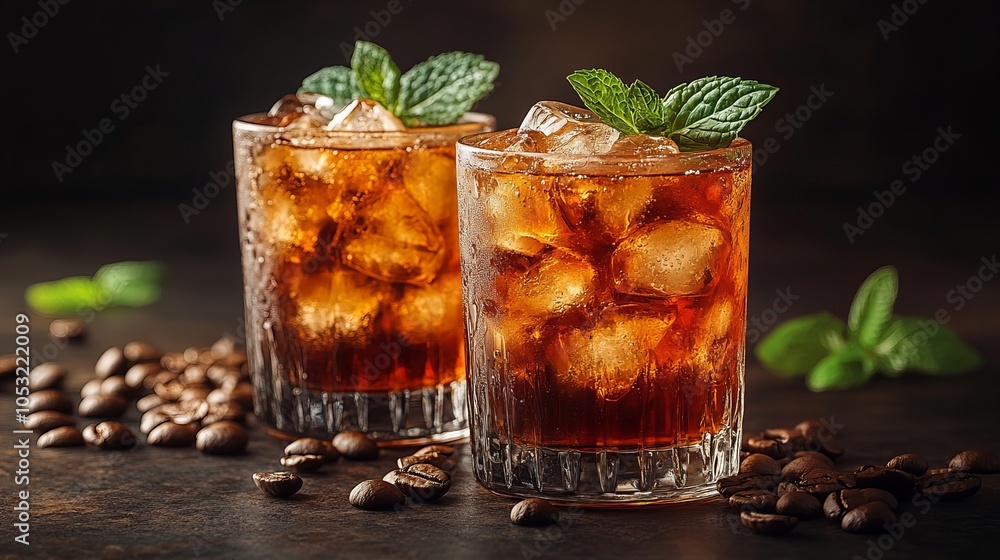 Refreshing iced coffee cocktail with mint garnish and coffee beans on dark background Refreshing iced coffee cocktail with mint garnish and coffee beans on dark background