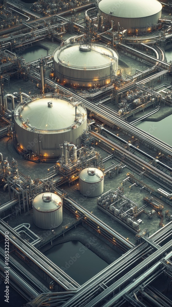 Obraz premium The global energy market dynamics are showcased through a complex network of pipelines and storage tanks illustrating the challenges in managing energy resources and supply chains effectively.