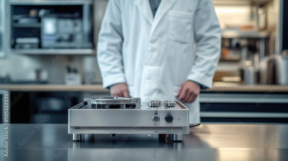 A white-coated scientist standing beside a powerful stainless steel electric stove A white-coated scientist standing beside a powerful stainless steel electric stove