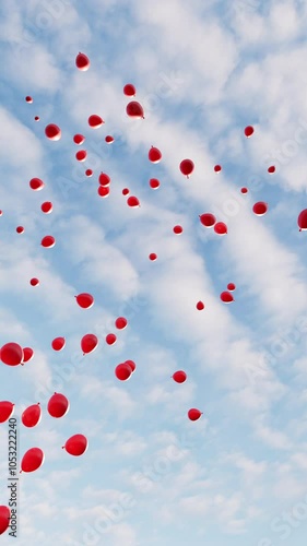 A cluster of Bright Red balloons soar freely against a blue sky. 3D animation. Vertical.