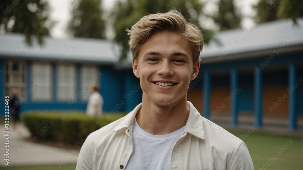 male caucasian boy in white casual wear on school yard background model portrait smiling for ad concept space for text male caucasian boy in white casual wear on school yard background model portrait smiling for ad concept space for text