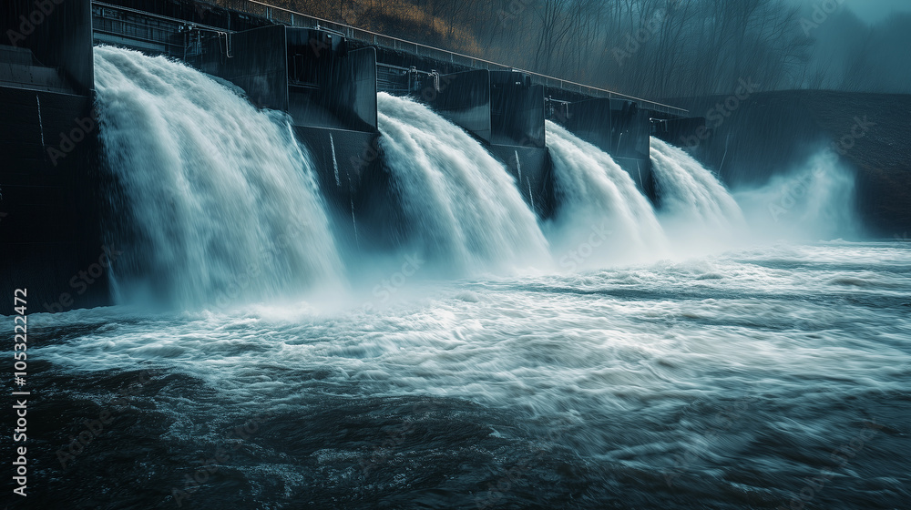 Elektrownia wodna, umiejscowiona przy brzegu rwącej rzeki, wykorzystuje siłę płynącej wody do napędzania turbin, które energicznie wirują. Elektrownia wodna, umiejscowiona przy brzegu rwącej rzeki, wykorzystuje siłę płynącej wody do napędzania turbin, które energicznie wirują.