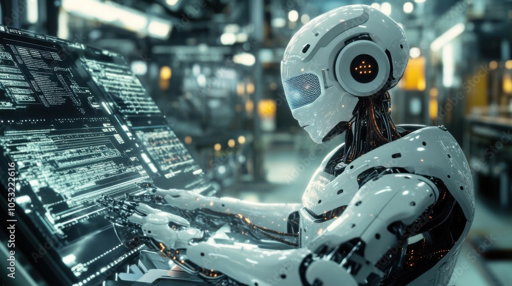 An AI-driven robot helping in a factory, performing tasks with precision and speed, An AI-driven robot helping in a factory, performing tasks with precision and speed,