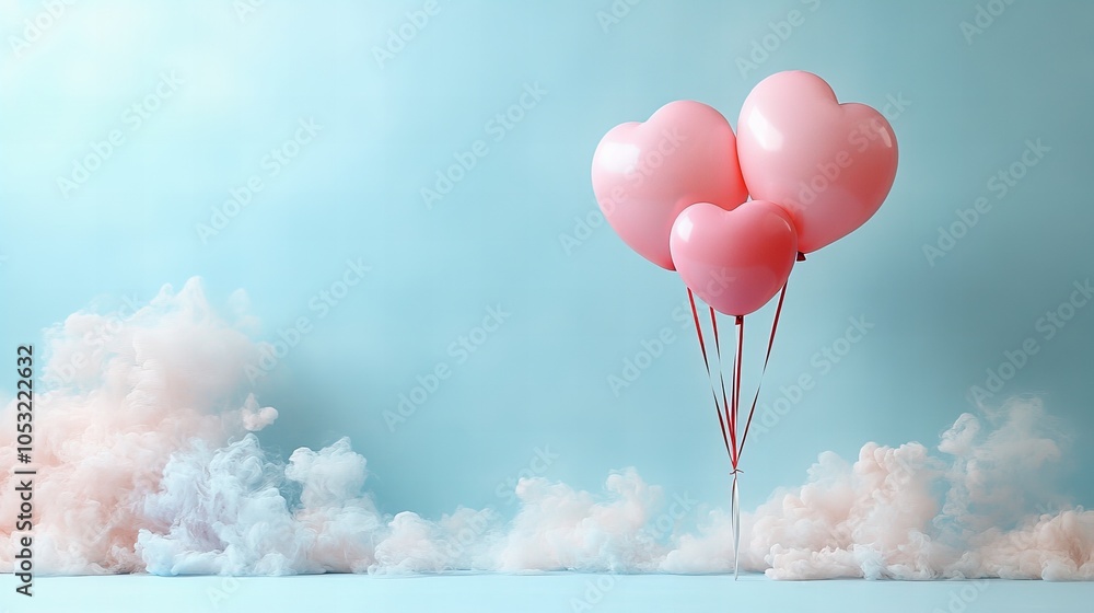 Fototapeta premium Heart-shaped balloons floating in dreamy cloudscape against blue sky Valentine day