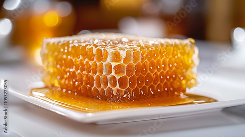 Honeycomb, dipper on white plate and pot of honey closeup