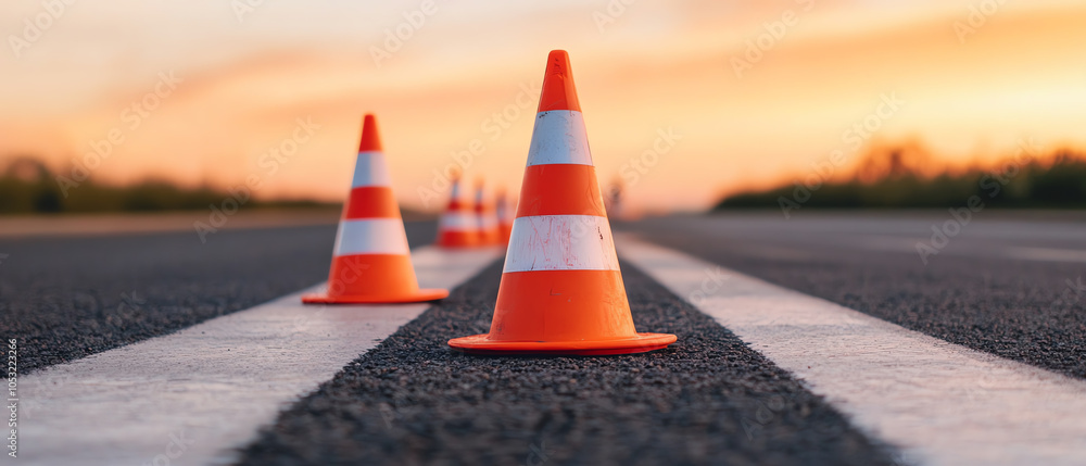 Traffic cones lined up on an asphalt road during sunset, signaling caution and roadwork ahead, with a beautiful gradient sky.