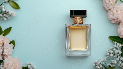 Floral Fragrance: A delicate perfume bottle rests in a frame of soft pink flowers and lush green foliage, creating a serene and inviting scene on a pale blue background. photo