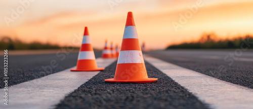 Obraz na płótnie Traffic cones lined up on an asphalt road during sunset, signaling caution and roadwork ahead, with a beautiful gradient sky. w salonie