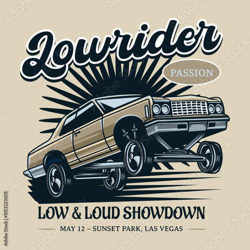 Vintage American Lowriders Car, Skull, Piston, Red Roses, and Race flag Poster in Vector Illustration for flyer, social media, web pages, print media, greeting card, invitation, banner