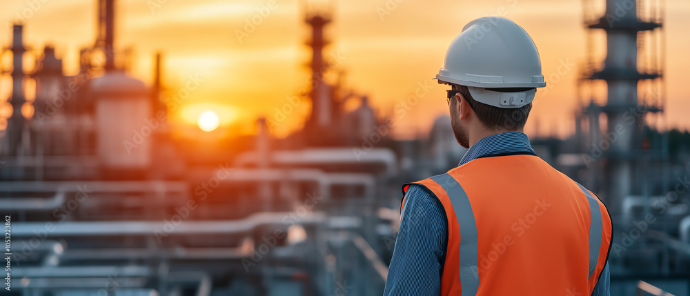Worker in helmet and safety vest observing industrial facility at sunset, showcasing the importance of safety in the oil and gas industry.