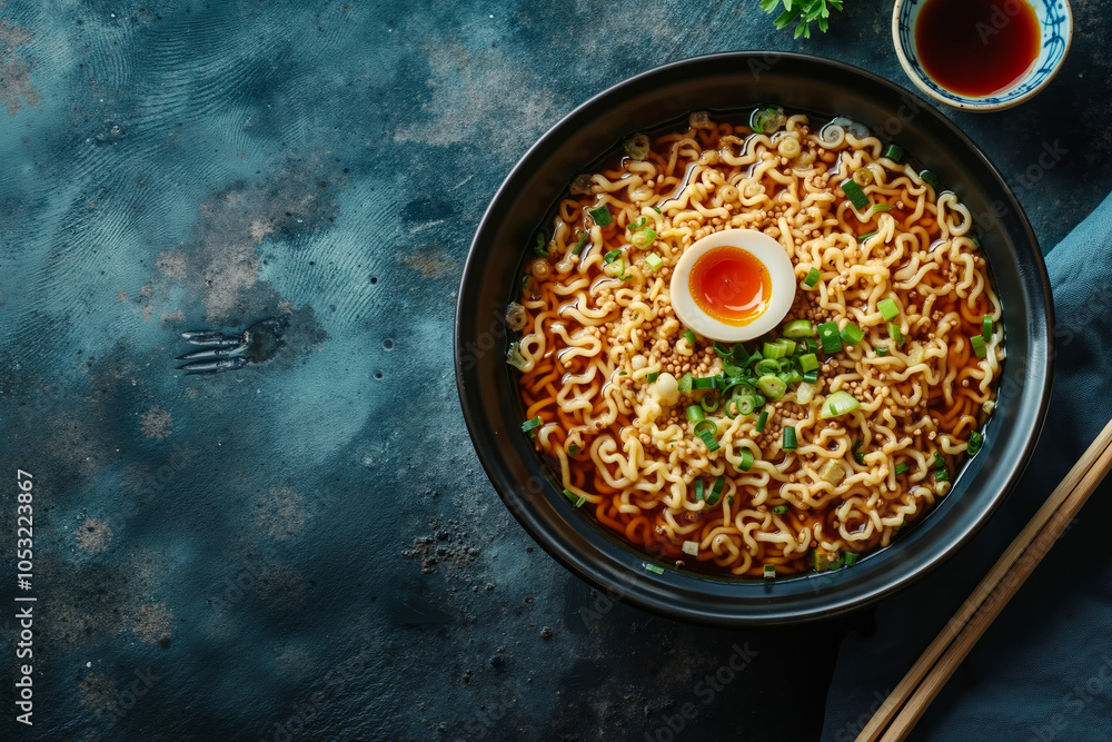A bowl of ramen noodles with a hard boiled egg and chopsticks A bowl of ramen noodles with a hard boiled egg and chopsticks