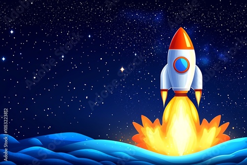 Fototapeta Naklejka Na Ścianę i Meble -  A vibrant rocket launching into the starry night sky, symbolizing adventure and exploration in space travel.