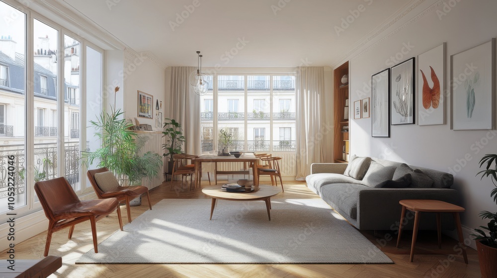 Fototapeta premium Charming Parisian living space with Scandinavian-inspired design, featuring a