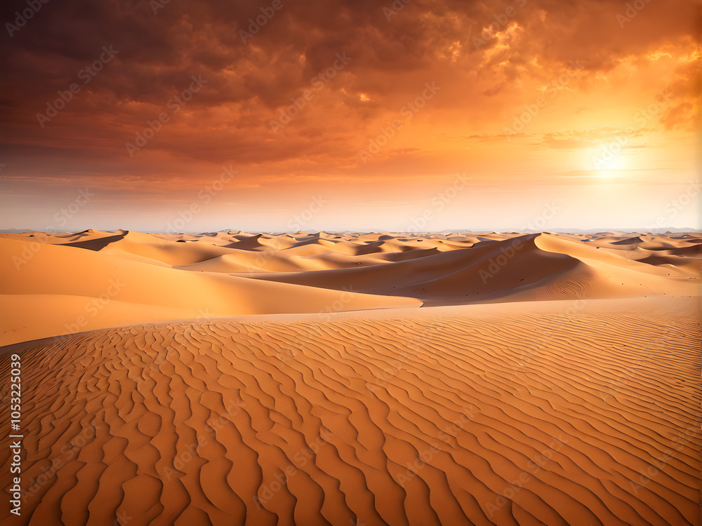Naklejka premium Sunset over Rolling Sand Dunes in Desert