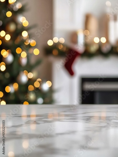 Wallpaper Mural A white marble surface with a blurred Christmas scene in the background. AI. Torontodigital.ca