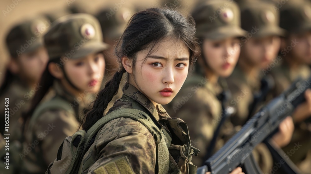 North Korean female soldiers in intense military training, displaying determination and North Korean female soldiers in intense military training, displaying determination and