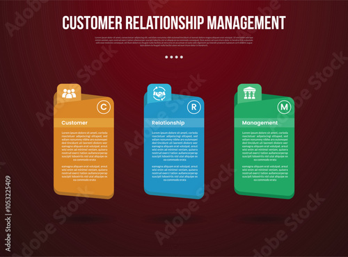 CRM infographic template with creative folder box container with dark background style with 3 point for slide presentation