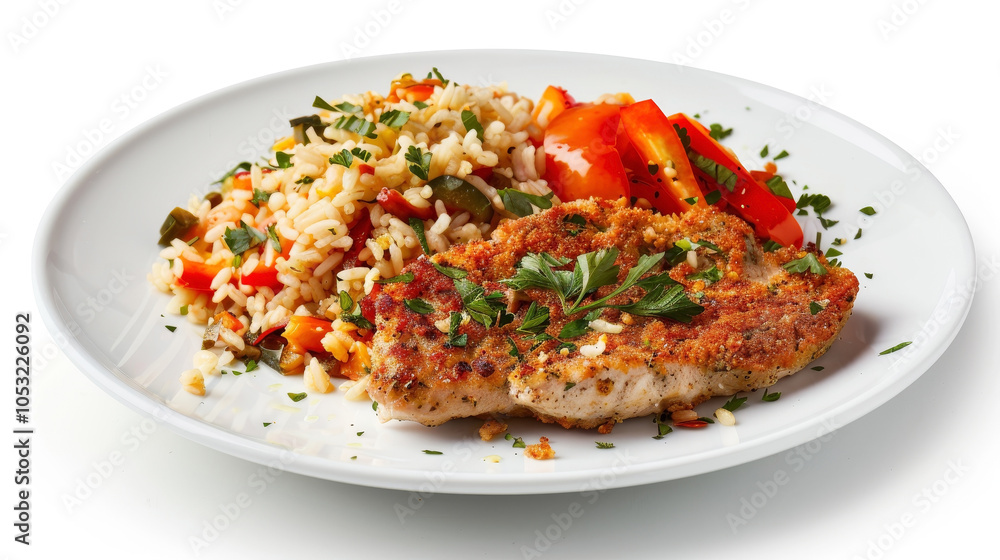 Veal escalope with garlic and herbs, Spanish rice, and roasted peppers on a clean white background, showcasing vibrant colors and textures. Veal escalope with garlic and herbs, Spanish rice, and roasted peppers on a clean white background, showcasing vibrant colors and textures.