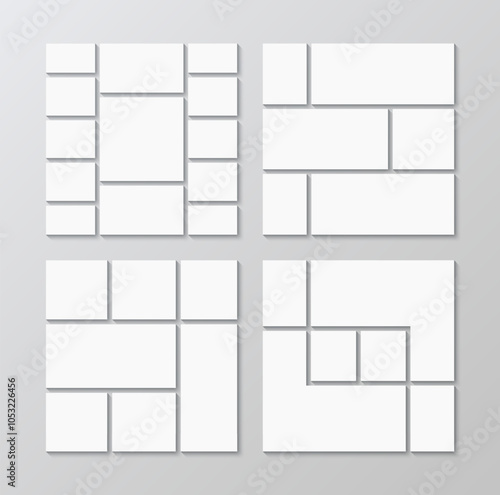 Portfolio images background. Mosaic pictures frame set. Moodboard layout collage. Photo template collection. Album brandboard grid. Gallery banner. Abstract forms. Vector illustration