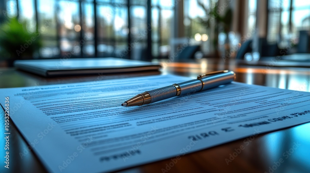Fototapeta premium A pen rests on a document in a modern office setting.