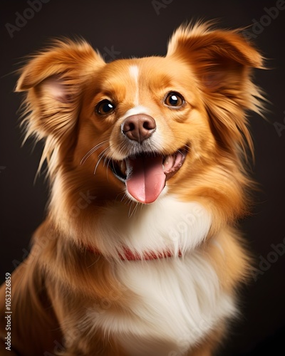 : This adorable dog with large fluffy ears and a bright smile sits joyfully in a studio, its tongue out and fur shining. The playful, friendly energy radiates from the portrait. 