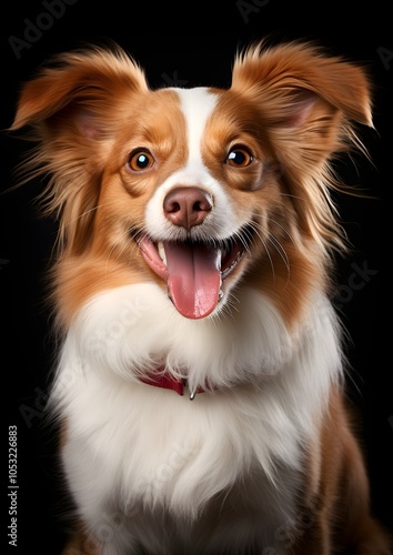 : This adorable dog with large fluffy ears and a bright smile sits joyfully in a studio, its tongue out and fur shining. The playful, friendly energy radiates from the portrait. 