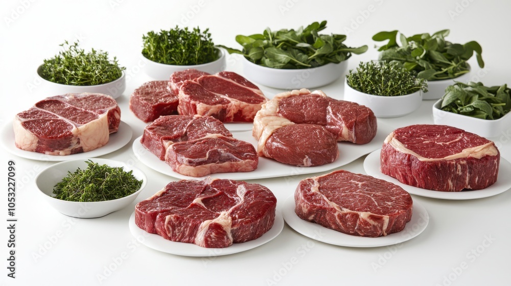 Selection of gourmet beef cuts on a white surface, with round plates of steak and small Selection of gourmet beef cuts on a white surface, with round plates of steak and small