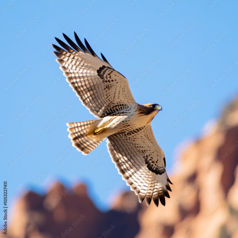 Fototapeta premium Hawk in flight over a canyon, symbolizing strength and freedom.