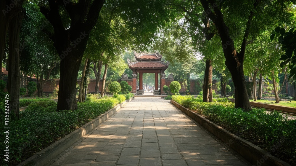 The historic Temple of Literature in Hanoi, with its ancient architecture surrounded by lush The historic Temple of Literature in Hanoi, with its ancient architecture surrounded by lush
