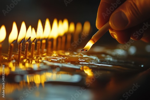 Hanukkah Candles Being Lit: A detailed shot of a hand lighting the candles of a menorah using the shamash (helper candle), with the focus on the flame and the melting wax. photo