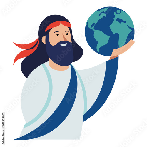 Jesus Christ Holding Earth:  A cheerful cartoon illustration of Jesus Christ gently holding the Earth, symbolizing global unity and divine care.