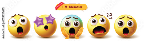 Emoji amazed emoticon character vector set. Emojis expressive facial expressions like surprise, excited, shock, wonder and wow yellow emoticons icon collection. Vector illustration amazed emojis set.
