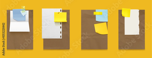 Brown and white with pattern, blue and yellow sticker memo note paper attached with transparent adhesive tape and pin. Realistic 3d vector blank flat and crumpled reminder and to do sheet template.