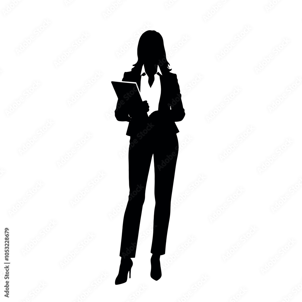 a business woman standing with holding a notebook vector silhouette