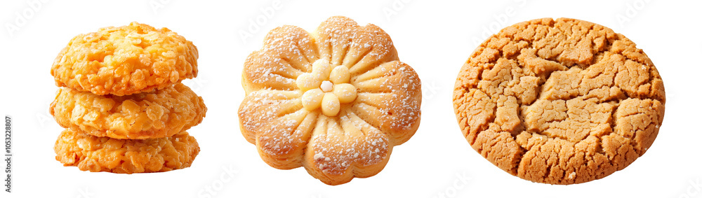 Cornflake buttery cookies with a golden-brown crust and Spritz cookies isolated on white transparent background. Close-up shot, showcasing texture and richness Cornflake buttery cookies with a golden-brown crust and Spritz cookies isolated on white transparent background. Close-up shot, showcasing texture and richness