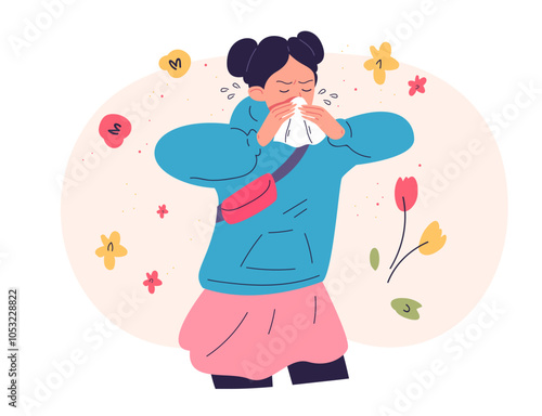 Pollen allergy. Sneezing woman seasonal allergic reaction disease, spring pollination rhinitis asthma symptom girl nose with tissue , health allergen treatment vector illustration