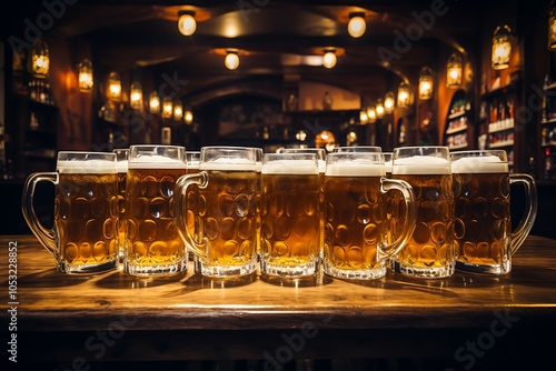 Beer mugs are arranged on the wooden table of the bar. Concept of a special time for drinking together. AI generated