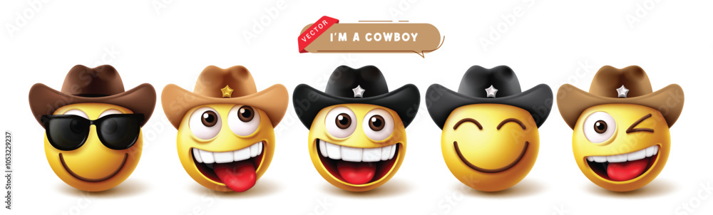 Fototapeta premium Emoji cowboy character vector set. Emojis emoticon character wearing colorful hat in cool, naughty, happy, cute and funny facial expressions yellow icon collection. Vector illustration emoji cowboy 