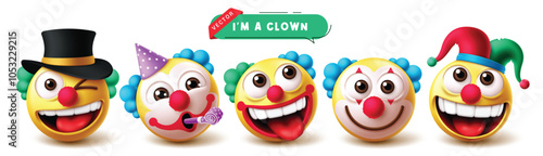 Emoji clown character vector set. Emoticons birthday clowns in joker, funny and happy face wearing hat costume emojis 3d character icon collection in white background. Vector illustration birthday 