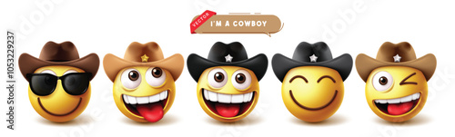 Emoji cowboy character vector set. Emojis emoticon character  wearing colorful hat in cool, naughty, happy, cute and funny facial expressions yellow icon collection. Vector illustration emoji cowboy 