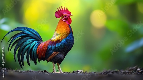 A colorful rooster stands proudly in a lush green forest. photo