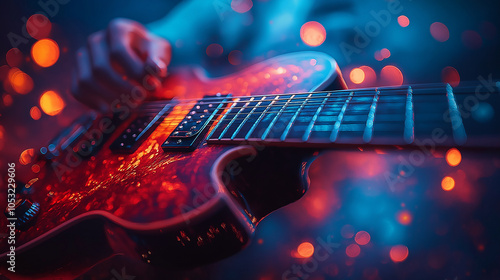 Male hands playing electric guitar, fingers plucking strings. Musician man with black guitar at a rock concert. Musical instrument during a stage show. Shot for performance poster, music cover photo